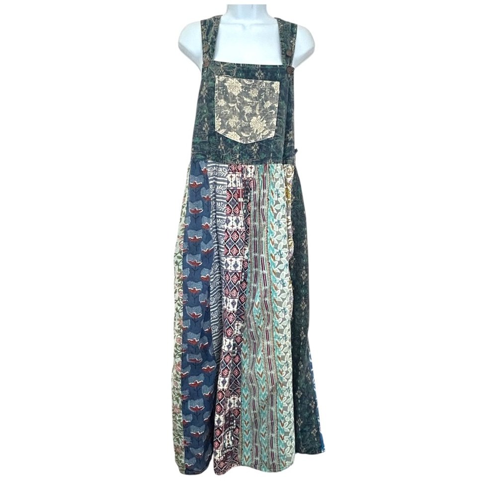 Blue Sky Patchwork Mixed Print Boho Maxi Overall Dress Size L Hippie Festival